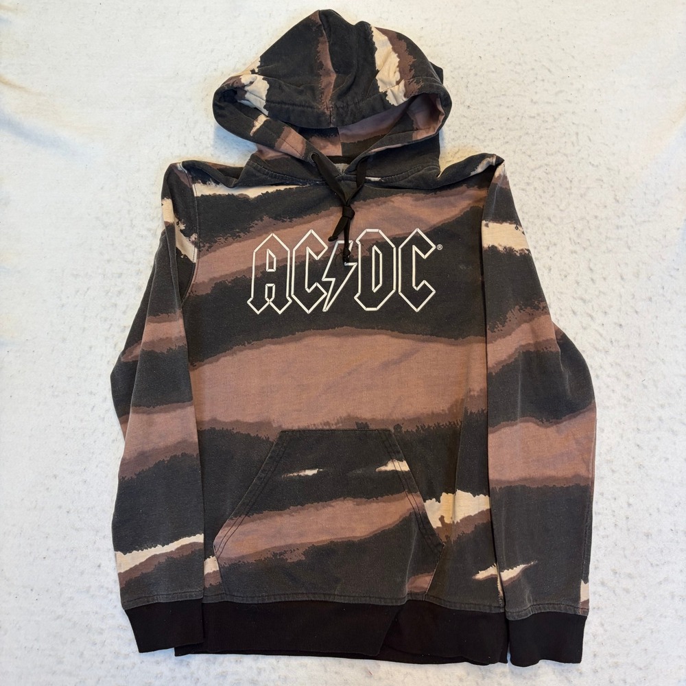 AC/DC Hoodie Mens Small Brown Striped Tie Dye Graphic Pullover Sweatshirt